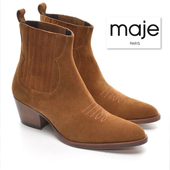 MAJE Farwest Suede Cowboy Boots Size 41 10.5 Tan Camel 70s Western Ankle Booties - Picture 2 of 16